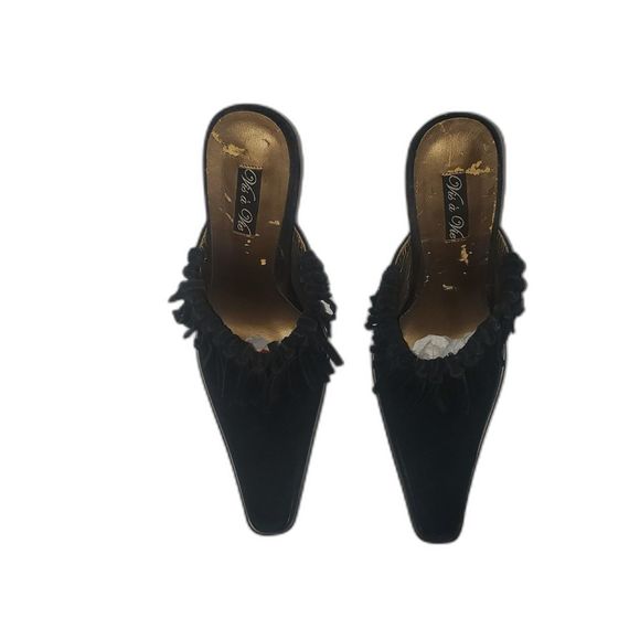VINTAGE Vis a Vie Black Suede Fringe Mules Heels Bootie Square Toe Shoes Size 7 - Picture 3 of 11